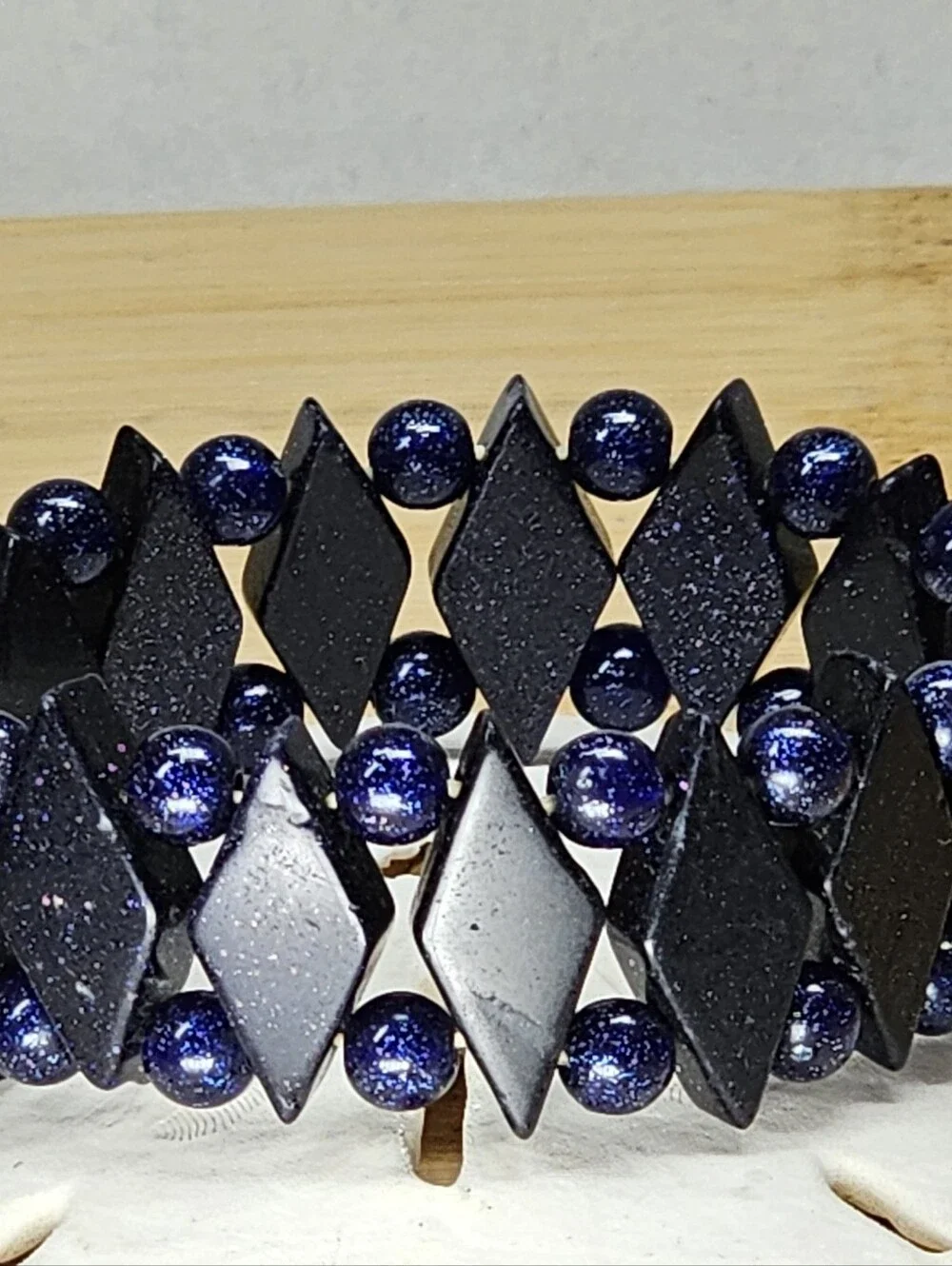 Midnight-Blue Goldstone Sparkling Gemstone Stretch Bracelet Vintage